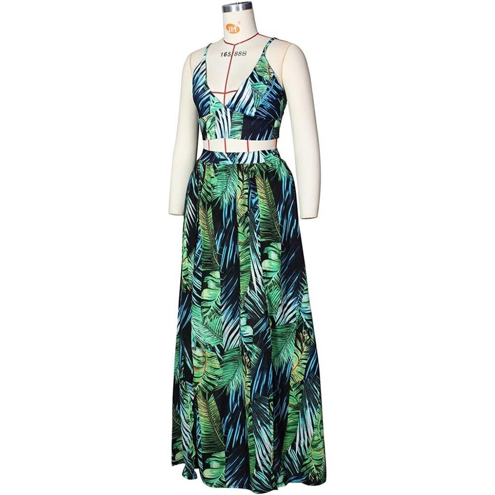 Women's Bohemian Chiffon 2 Piece Set Crop Cami Top & Maxi Dress Large - Picture 5 of 6